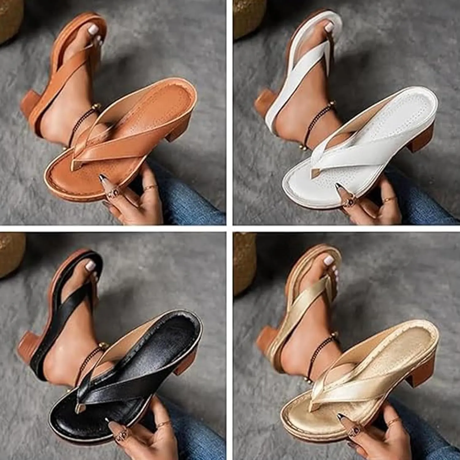 Women's Solid Color Summer Chunky Heel Sandals Slip on Open Toe Square Toe Heeled Sandals Women Comfortable Arch Support Wedges Flip Flops