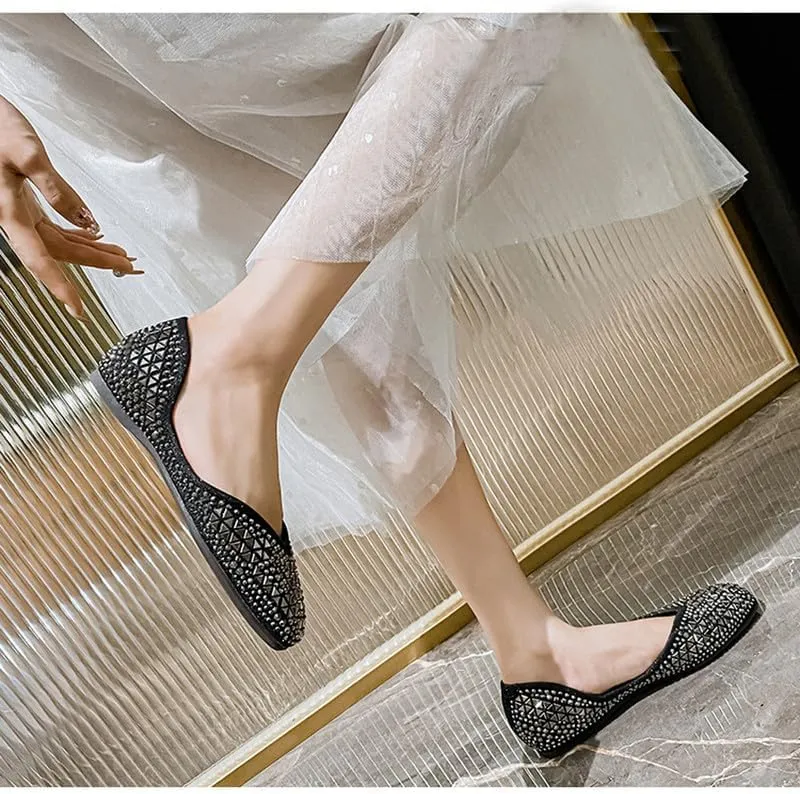 Women's Sparkly Flats Dress Shoes Wedding Low Wedges Square Toe Rhinestone Ballet Flats with Bow