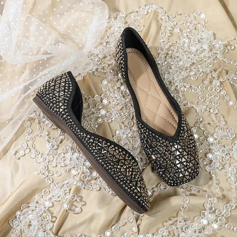 Women's Sparkly Flats Dress Shoes Wedding Low Wedges Square Toe Rhinestone Ballet Flats with Bow