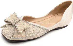 Women's Sparkly Flats Dress Shoes Wedding Low Wedges Square Toe Rhinestone Ballet Flats with Bow