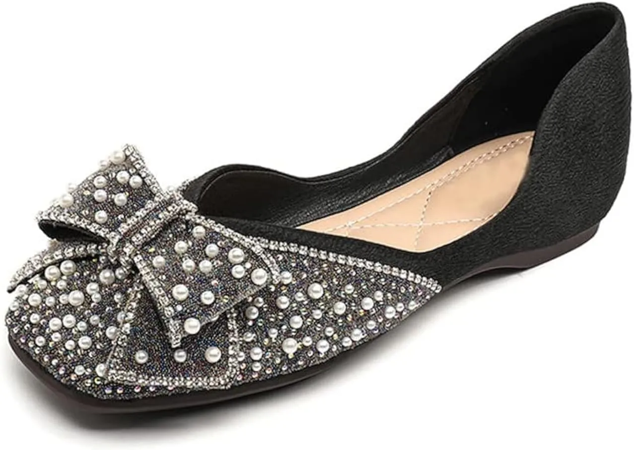 Women's Sparkly Flats Dress Shoes Wedding Low Wedges Square Toe Rhinestone Ballet Flats with Bow