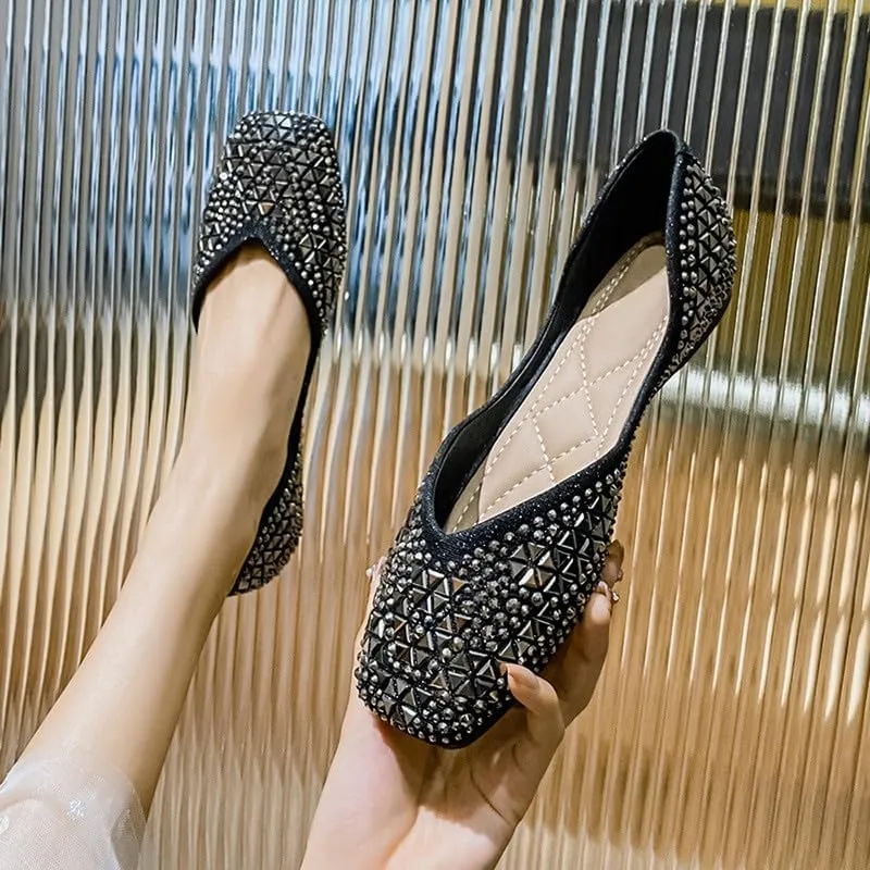 Women's Sparkly Flats Dress Shoes Wedding Low Wedges Square Toe Rhinestone Ballet Flats with Bow