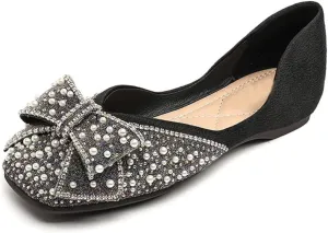 Women's Sparkly Flats Dress Shoes Wedding Low Wedges Square Toe Rhinestone Ballet Flats with Bow