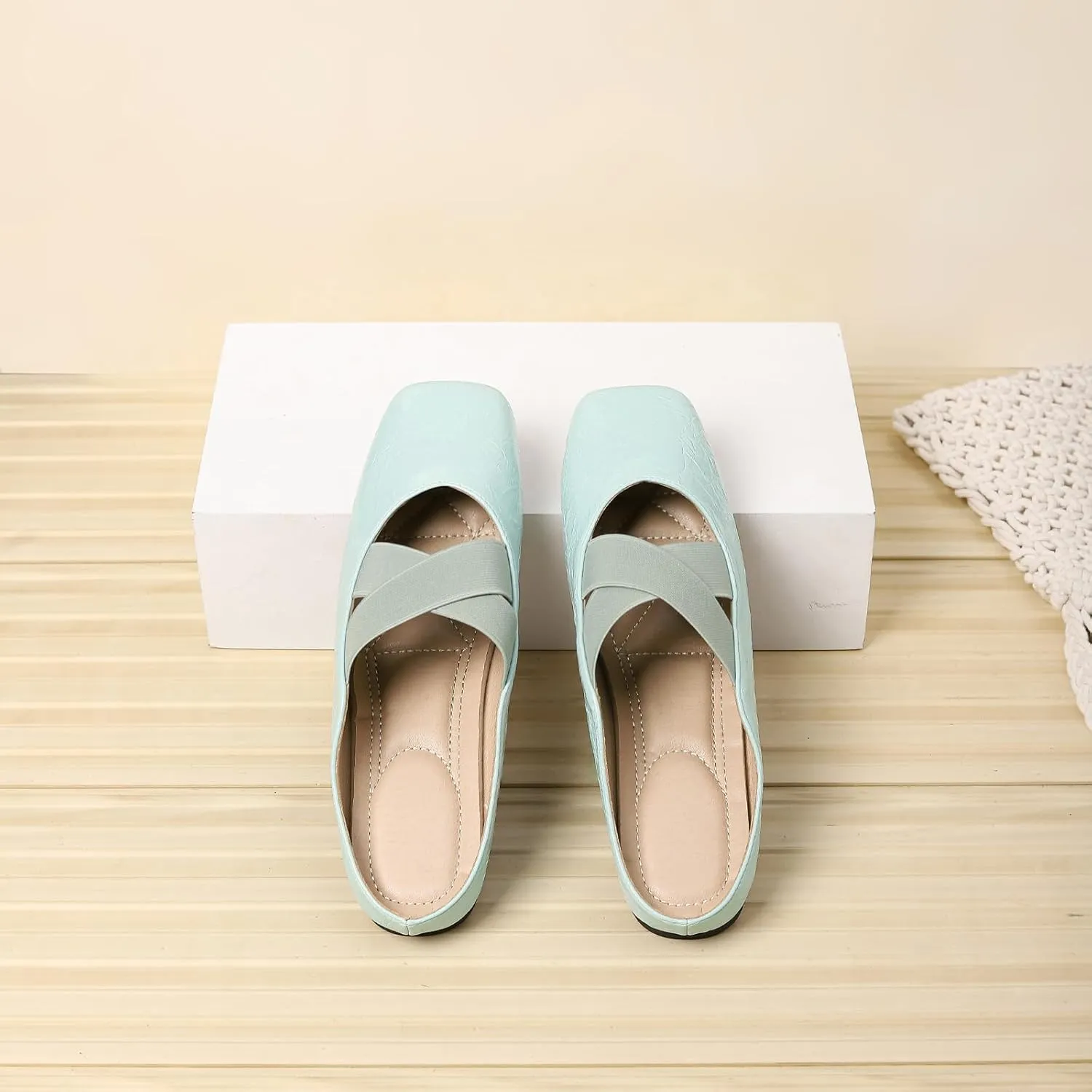 Women's Square Toe Cross Elastic Ties Flat Mules Retro Leather Closed Toe Comfortable Memory Foam Mary Jane Flats Slip On Work Casual Walking Shoes Slippers