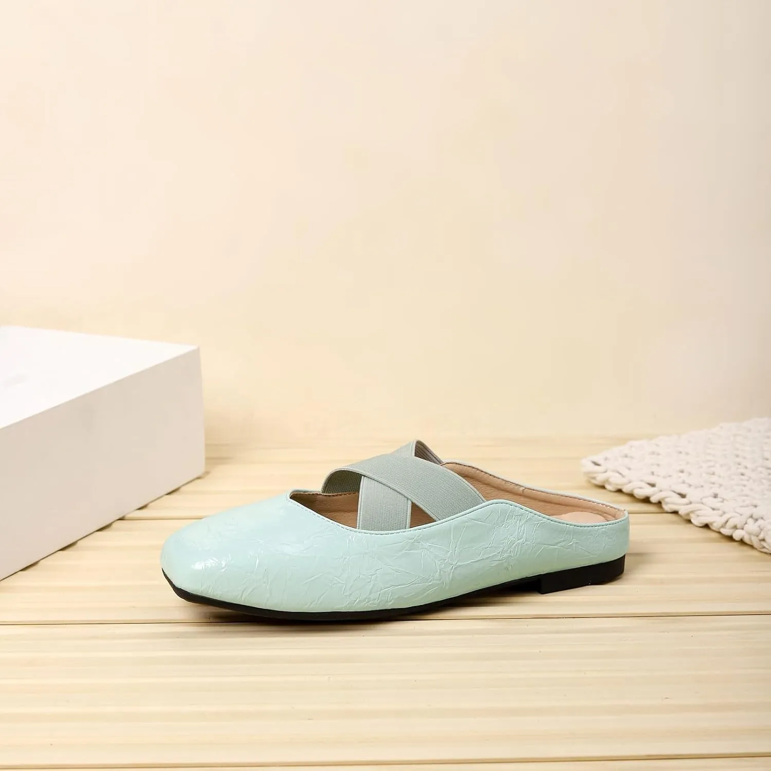 Women's Square Toe Cross Elastic Ties Flat Mules Retro Leather Closed Toe Comfortable Memory Foam Mary Jane Flats Slip On Work Casual Walking Shoes Slippers