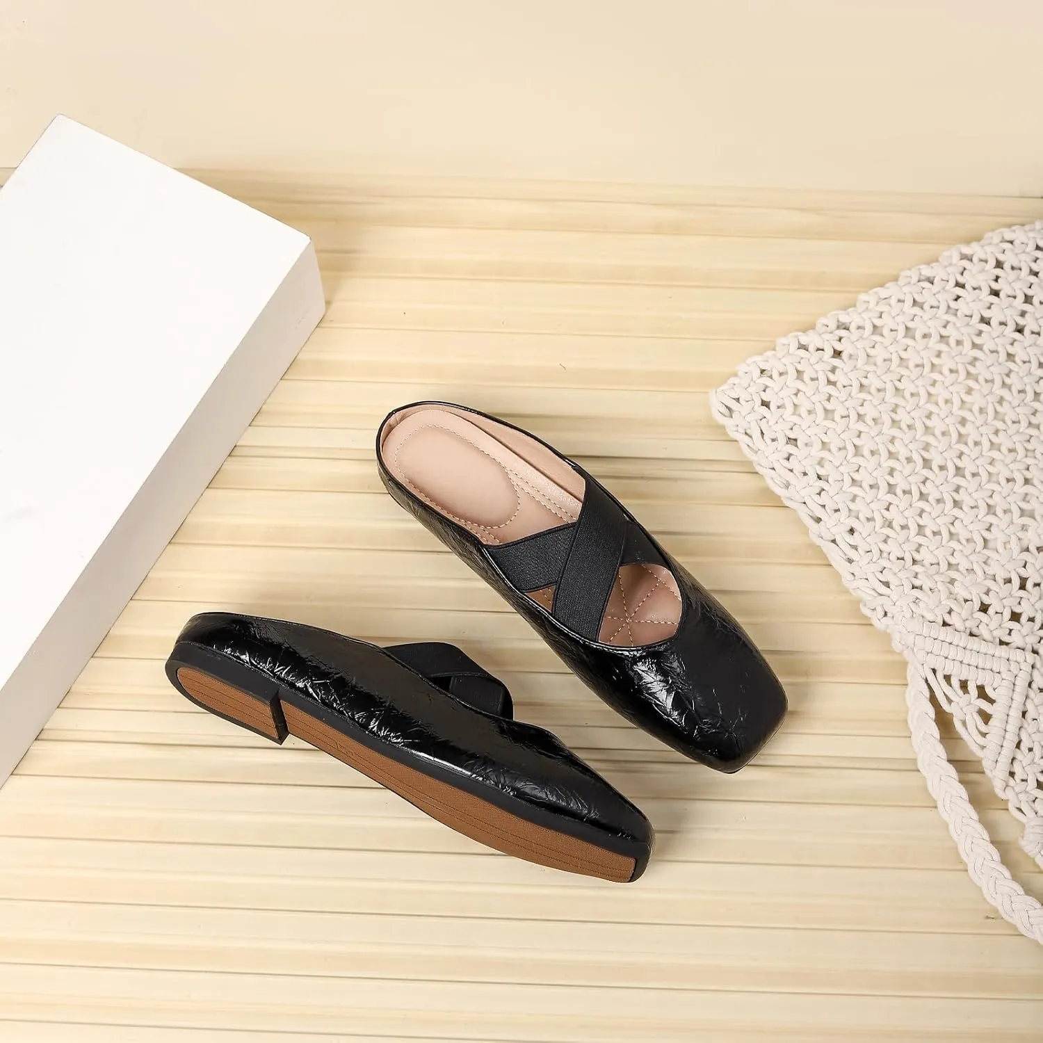 Women's Square Toe Cross Elastic Ties Flat Mules Retro Leather Closed Toe Comfortable Memory Foam Mary Jane Flats Slip On Work Casual Walking Shoes Slippers