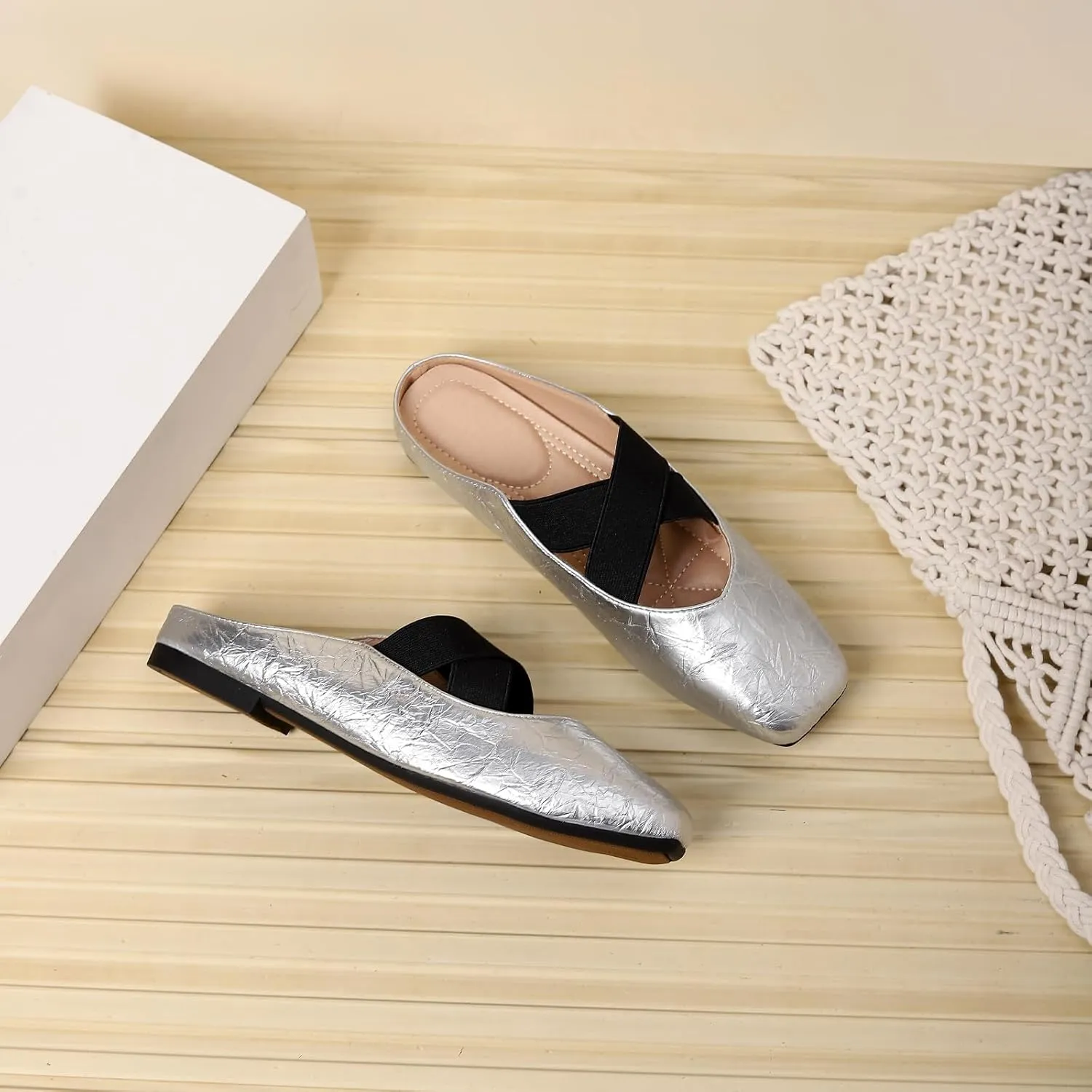 Women's Square Toe Cross Elastic Ties Flat Mules Retro Leather Closed Toe Comfortable Memory Foam Mary Jane Flats Slip On Work Casual Walking Shoes Slippers