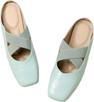 Women's Square Toe Cross Elastic Ties Flat Mules Retro Leather Closed Toe Comfortable Memory Foam Mary Jane Flats Slip On Work Casual Walking Shoes Slippers