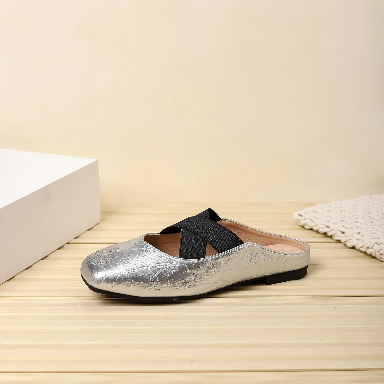 Women's Square Toe Cross Elastic Ties Flat Mules Retro Leather Closed Toe Comfortable Memory Foam Mary Jane Flats Slip On Work Casual Walking Shoes Slippers