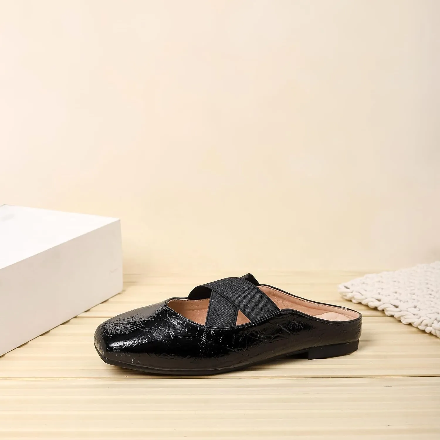 Women's Square Toe Cross Elastic Ties Flat Mules Retro Leather Closed Toe Comfortable Memory Foam Mary Jane Flats Slip On Work Casual Walking Shoes Slippers