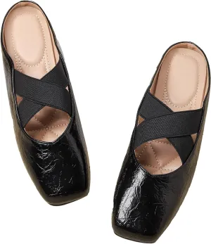 Women's Square Toe Cross Elastic Ties Flat Mules Retro Leather Closed Toe Comfortable Memory Foam Mary Jane Flats Slip On Work Casual Walking Shoes Slippers