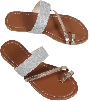 Women's Stylish Metallic Flat Sandals Sequins Slip-On Slides Flats Casual Clip Toe Slippers Sandal for Summer Beach