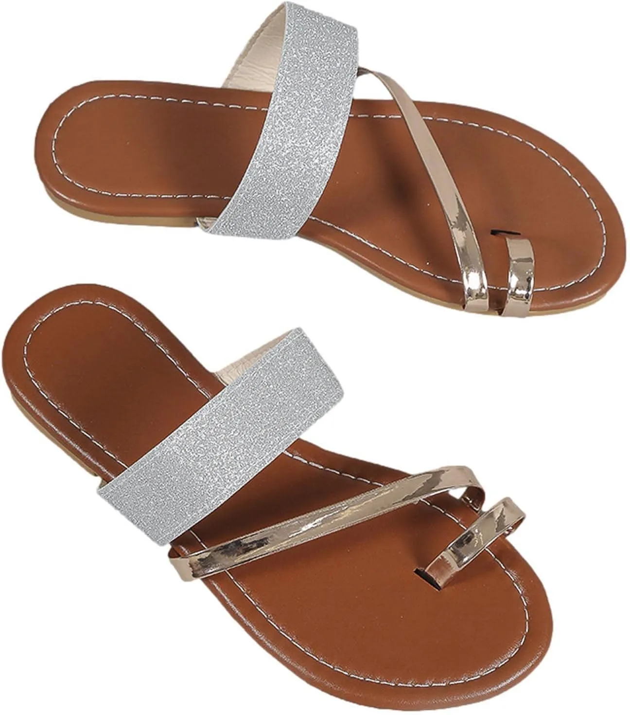 Women's Stylish Metallic Flat Sandals Sequins Slip-On Slides Flats Casual Clip Toe Slippers Sandal for Summer Beach