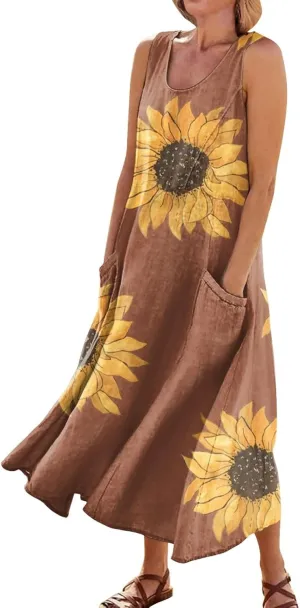 Womens Summer Dresses Sunflower Dresses Sleeveless Scoop Neck Floral Print Maxi Tank Dress Casual Sundress with Pockets