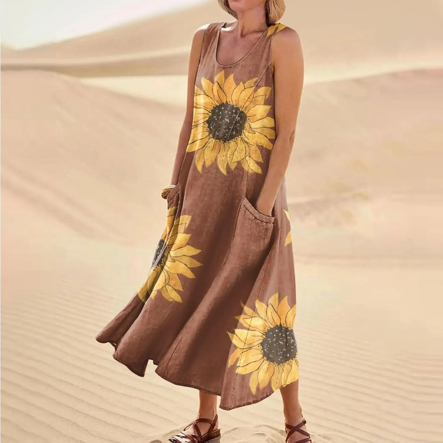 Womens Summer Dresses Sunflower Dresses Sleeveless Scoop Neck Floral Print Maxi Tank Dress Casual Sundress with Pockets