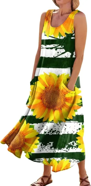 Womens Summer Dresses Sunflower Dresses Sleeveless Scoop Neck Floral Print Maxi Tank Dress Casual Sundress with Pockets