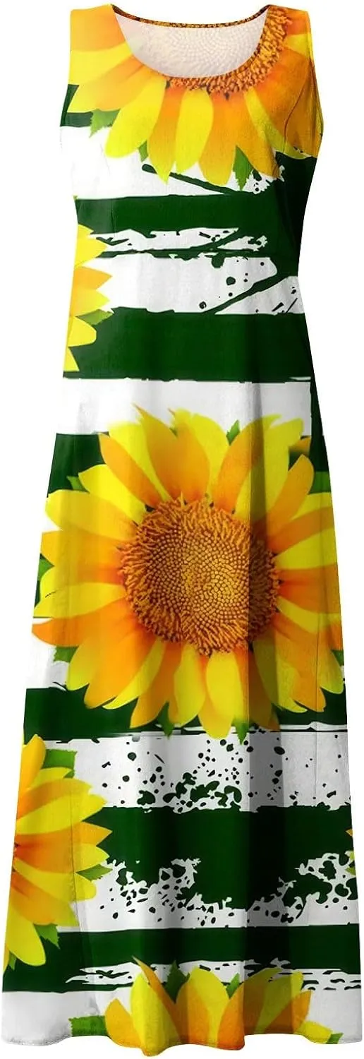Womens Summer Dresses Sunflower Dresses Sleeveless Scoop Neck Floral Print Maxi Tank Dress Casual Sundress with Pockets