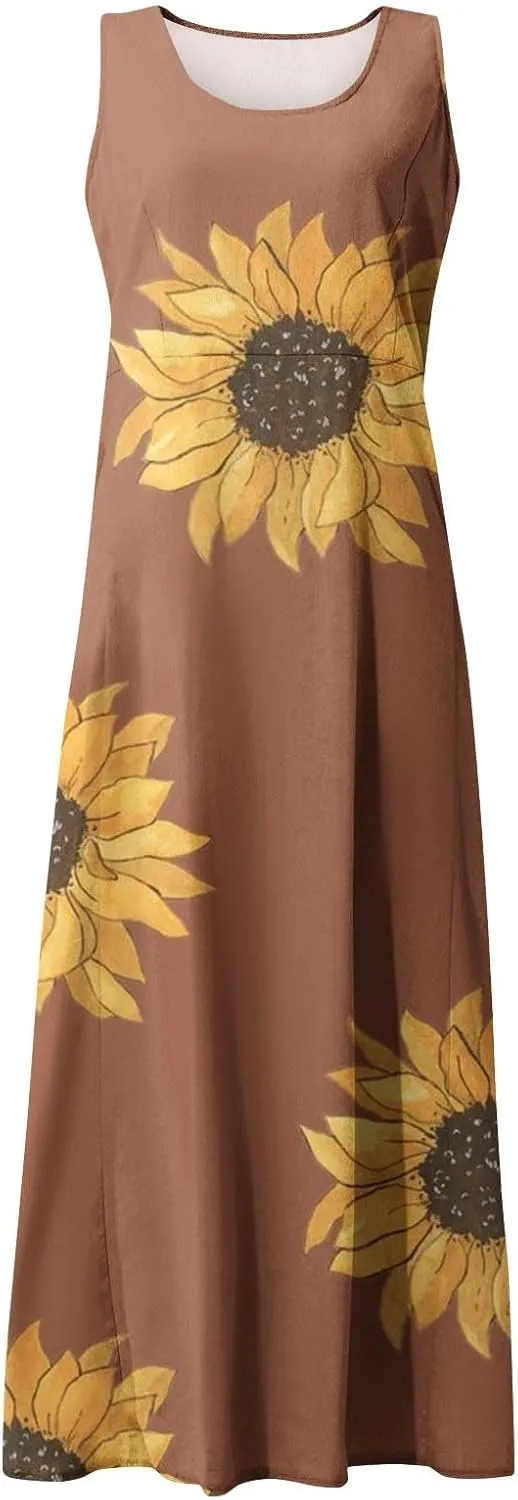Womens Summer Dresses Sunflower Dresses Sleeveless Scoop Neck Floral Print Maxi Tank Dress Casual Sundress with Pockets