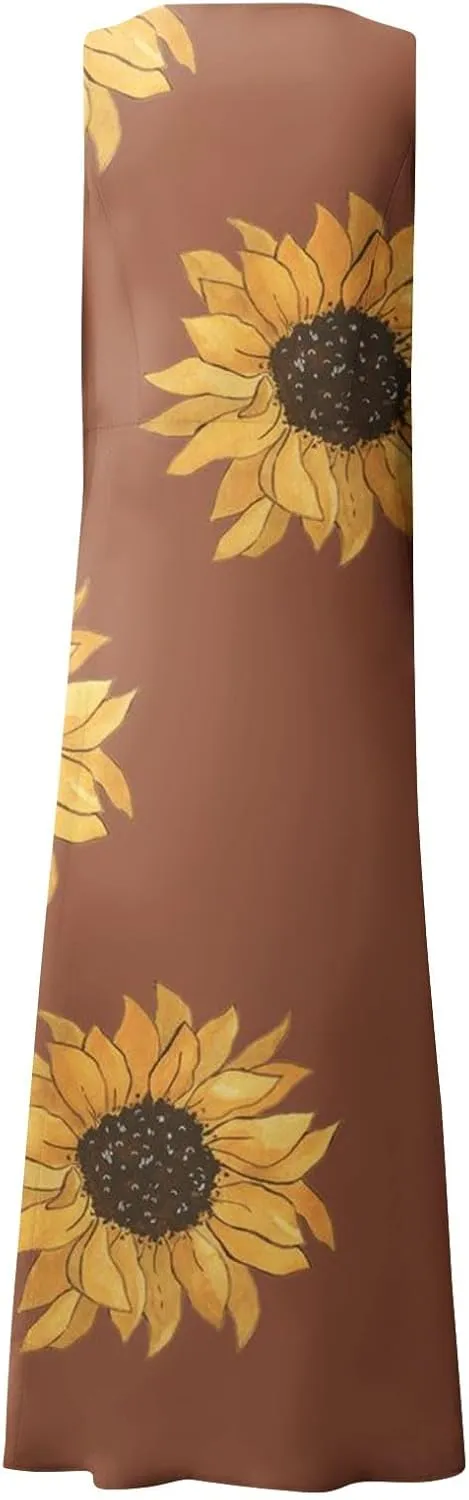 Womens Summer Dresses Sunflower Dresses Sleeveless Scoop Neck Floral Print Maxi Tank Dress Casual Sundress with Pockets