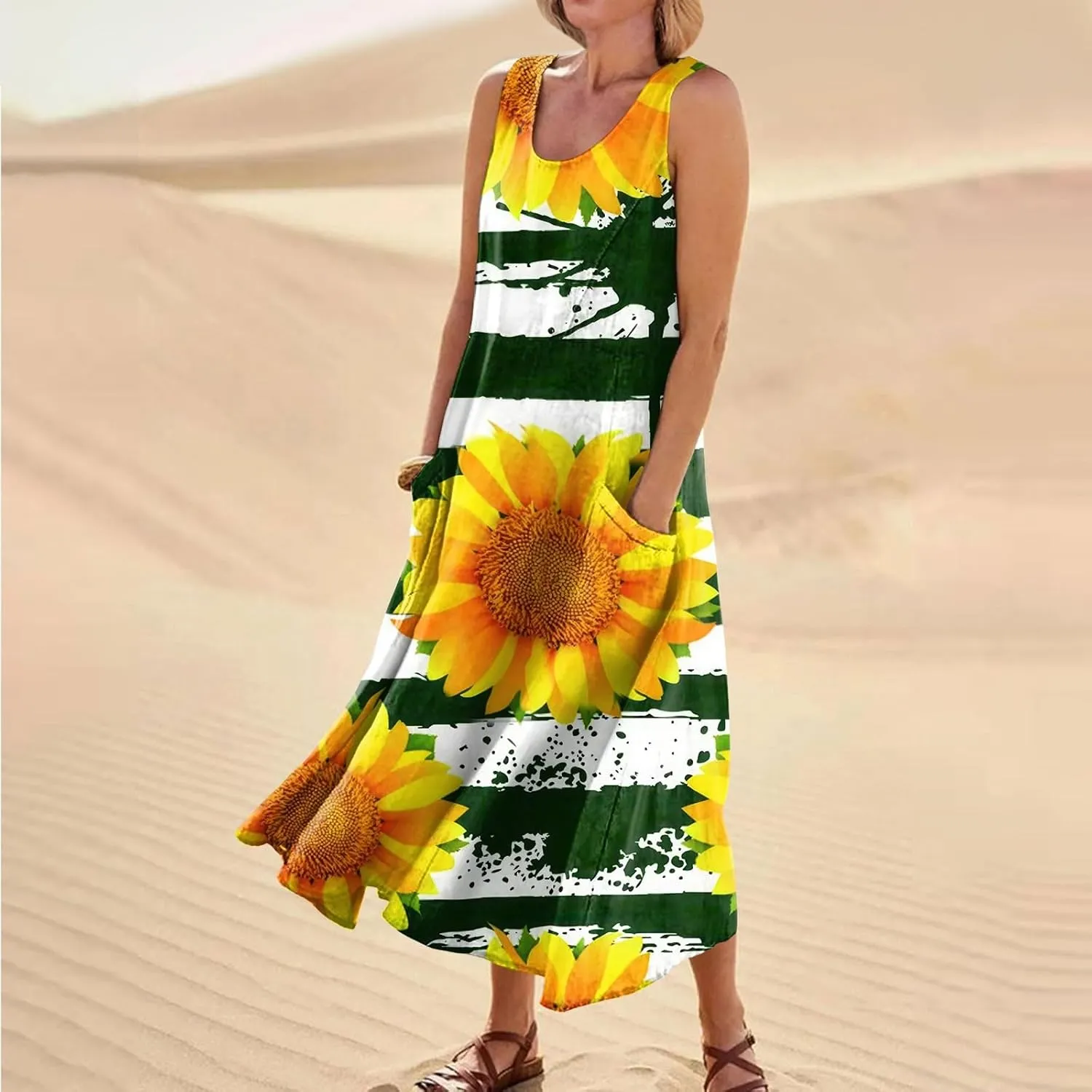 Womens Summer Dresses Sunflower Dresses Sleeveless Scoop Neck Floral Print Maxi Tank Dress Casual Sundress with Pockets