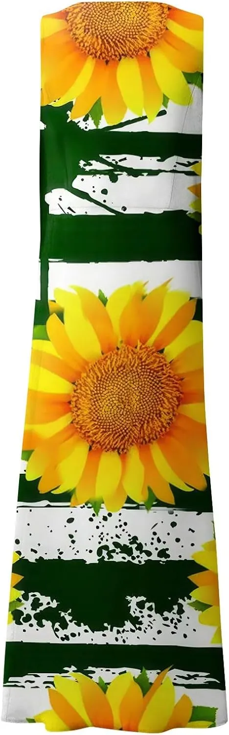 Womens Summer Dresses Sunflower Dresses Sleeveless Scoop Neck Floral Print Maxi Tank Dress Casual Sundress with Pockets