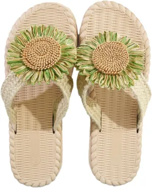 Women's Summer Slide Sandals with Unique Green Flower Decor Round Open Toe Casual Flat Beach Sandals for Summer Vacation Daily Wear