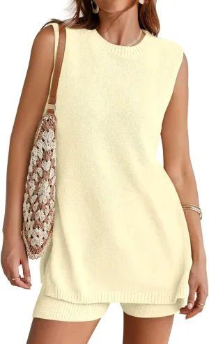 Women's Summer Sweater Sets Sleeveless Knit Tunic Top Matching Shorts Beach Vacation 2 Piece Outfits (Cream-L)