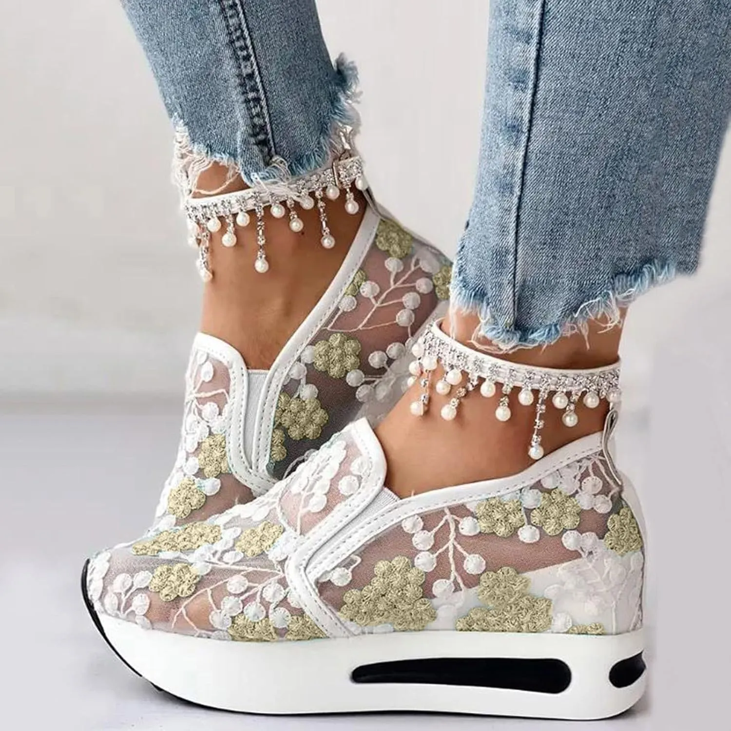 Womens Summer Walking Shoes Paltform Wedge Athletic Tennis Shoes Embroidery Floral Mesh Breathable Sneakers Lightweight Non Slip Casual Comfort Fashion Sneakers