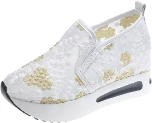Womens Summer Walking Shoes Paltform Wedge Athletic Tennis Shoes Embroidery Floral Mesh Breathable Sneakers Lightweight Non Slip Casual Comfort Fashion Sneakers