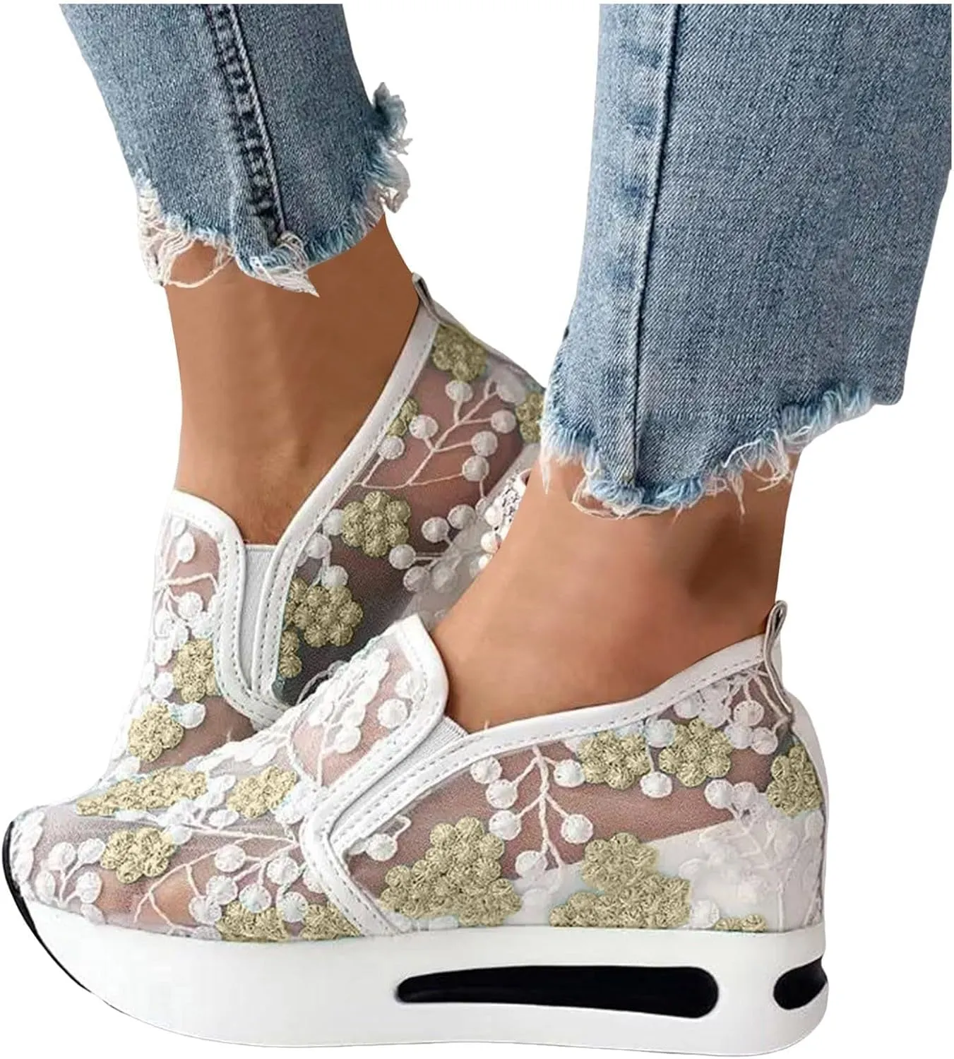 Womens Summer Walking Shoes Paltform Wedge Athletic Tennis Shoes Embroidery Floral Mesh Breathable Sneakers Lightweight Non Slip Casual Comfort Fashion Sneakers