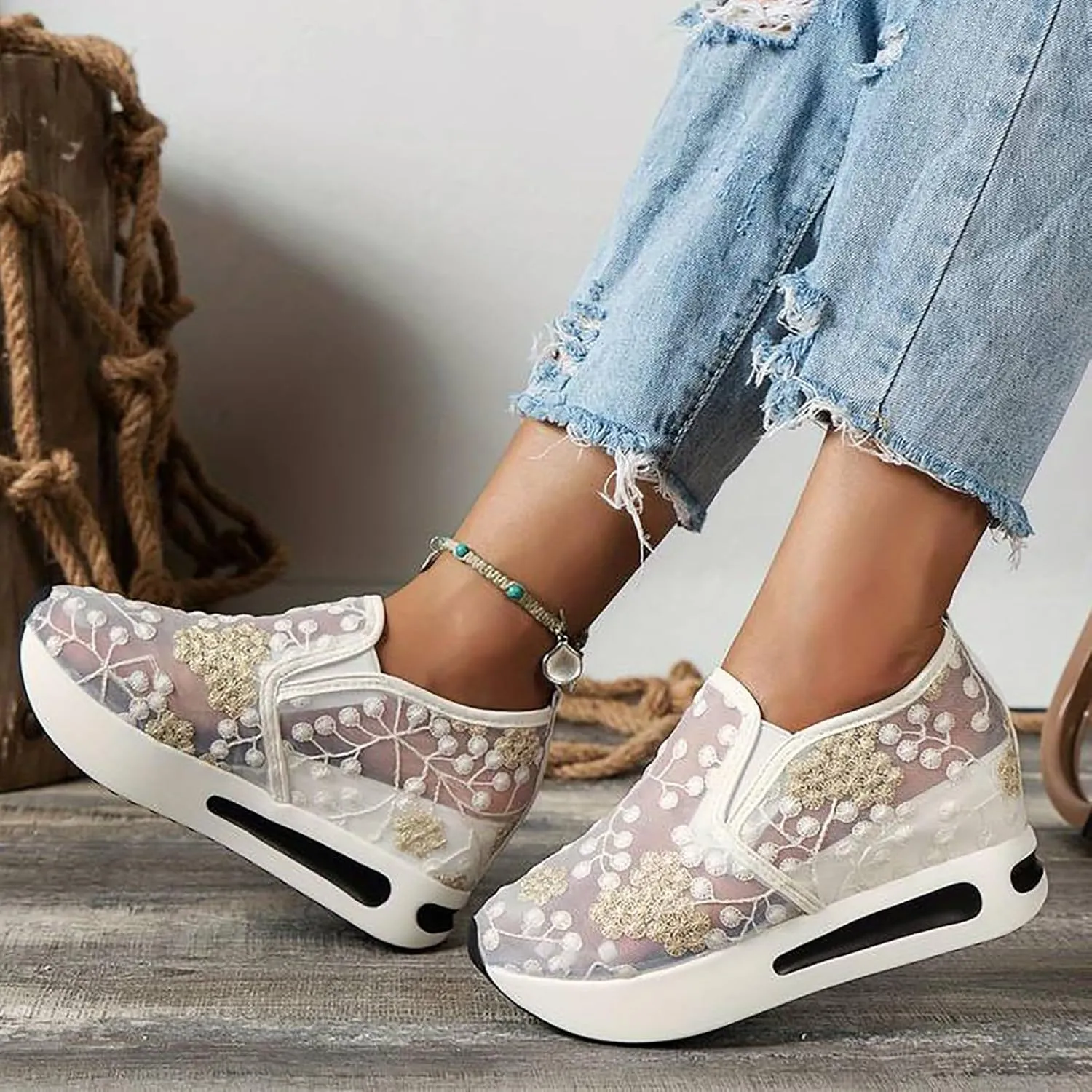 Womens Summer Walking Shoes Paltform Wedge Athletic Tennis Shoes Embroidery Floral Mesh Breathable Sneakers Lightweight Non Slip Casual Comfort Fashion Sneakers
