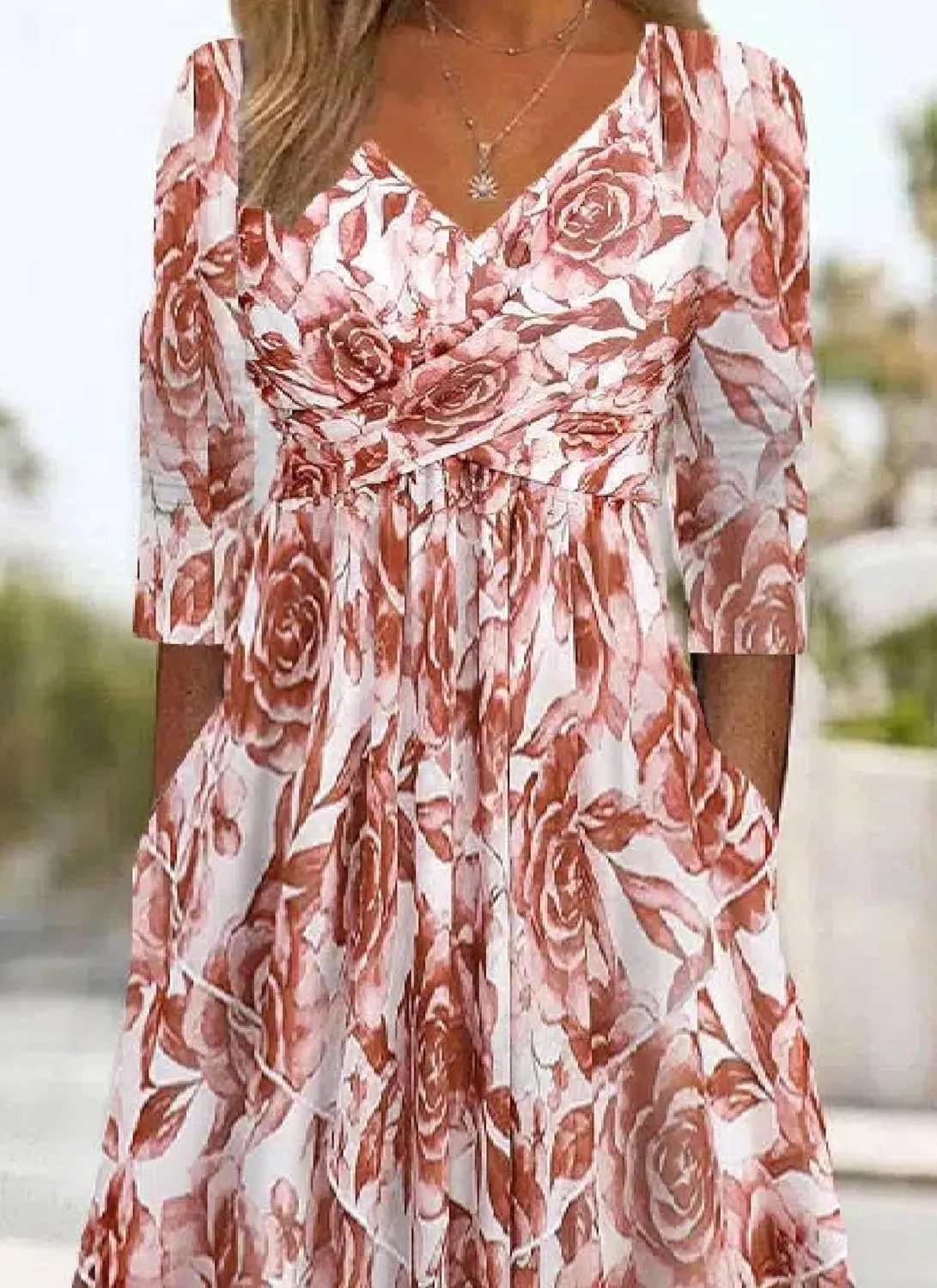 Womens Sweet Plant Print Long Sleeve V Neck Midi Dress with Side Pockets Flowy Ruched Daily Date Dress