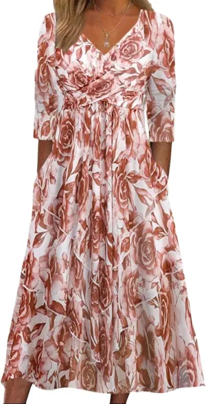 Womens Sweet Plant Print Long Sleeve V Neck Midi Dress with Side Pockets Flowy Ruched Daily Date Dress