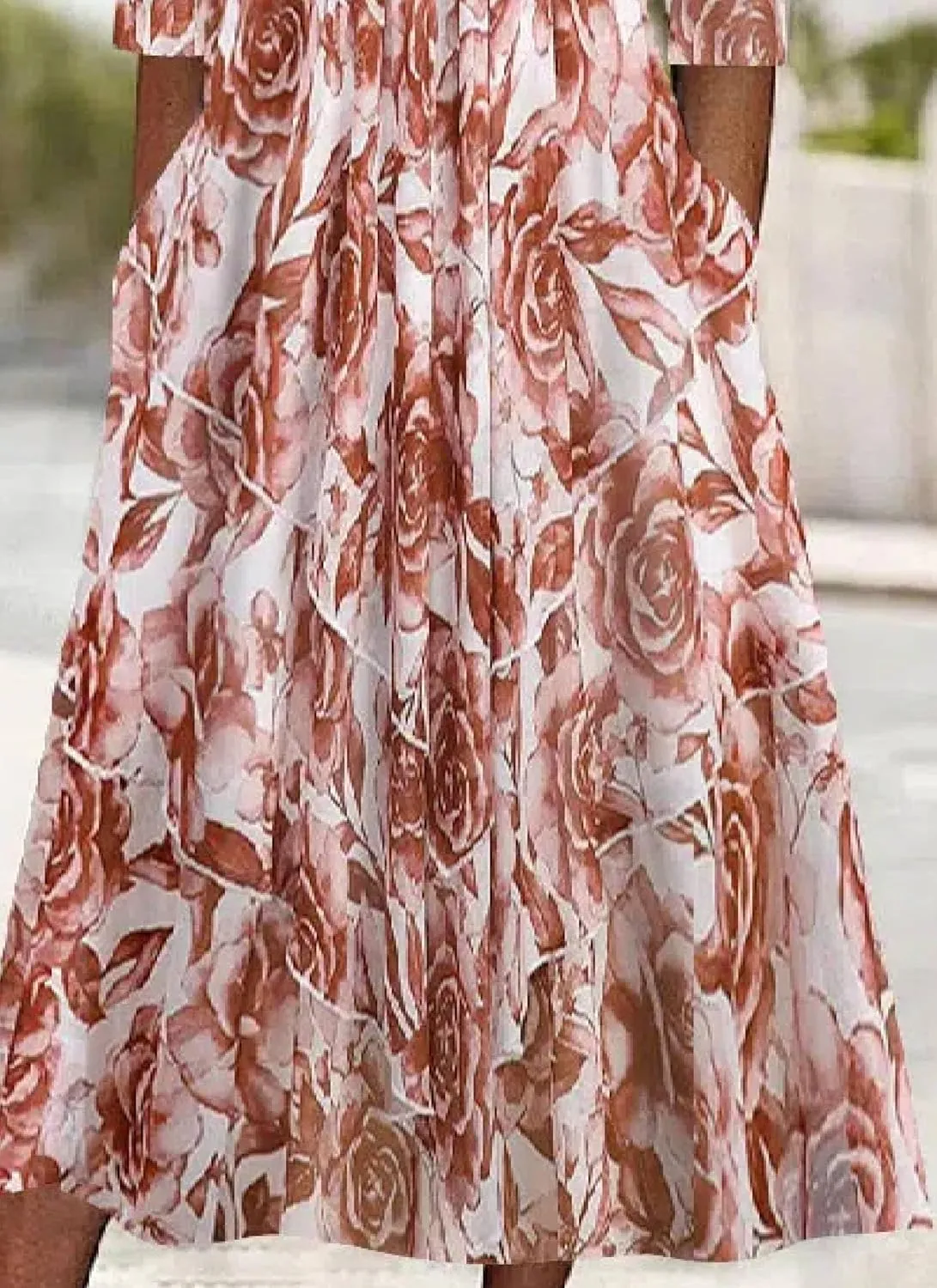 Womens Sweet Plant Print Long Sleeve V Neck Midi Dress with Side Pockets Flowy Ruched Daily Date Dress