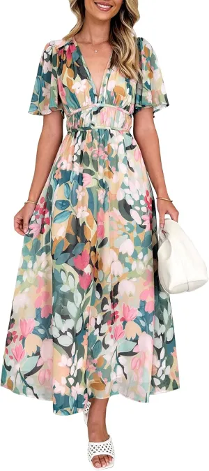 Womens V Neck Flutter Sleeve Boho Midi Dress Summer Wedding Guest Beach Party Long Dresses