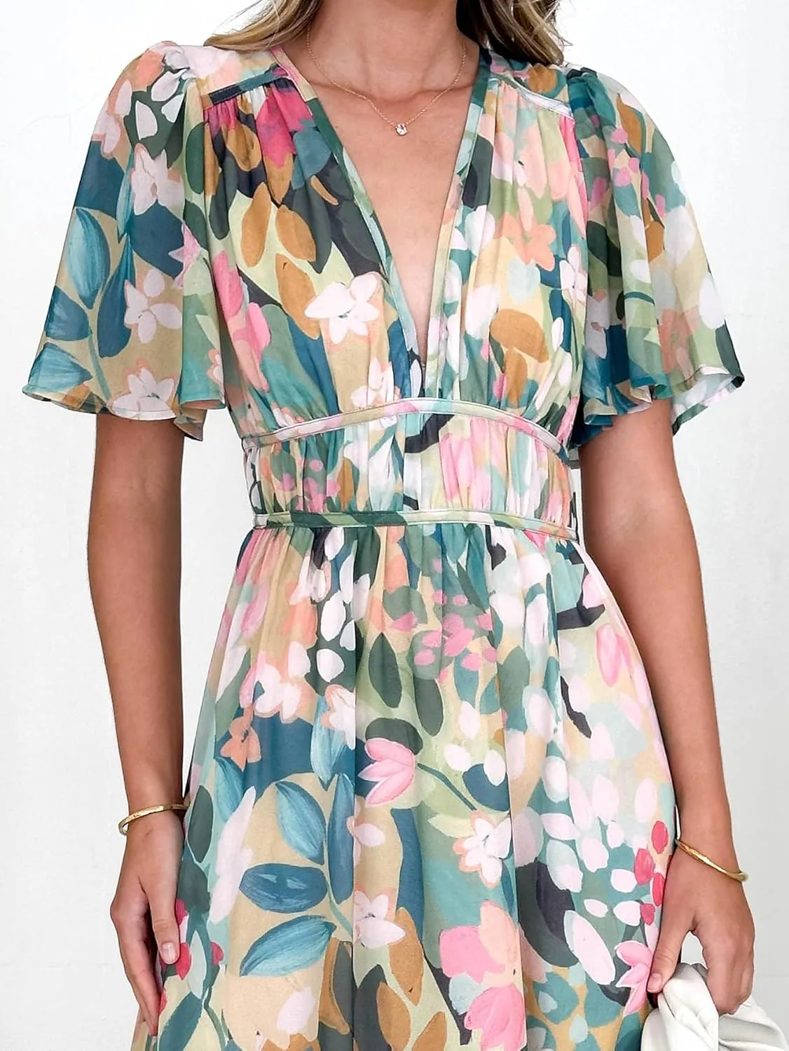 Womens V Neck Flutter Sleeve Boho Midi Dress Summer Wedding Guest Beach Party Long Dresses