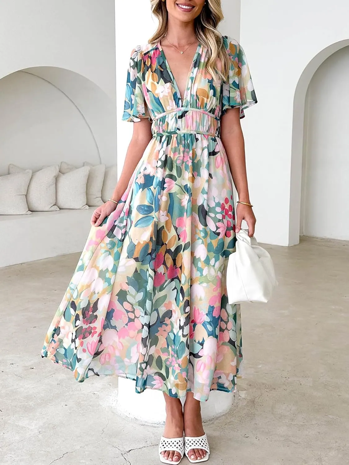 Womens V Neck Flutter Sleeve Boho Midi Dress Summer Wedding Guest Beach Party Long Dresses