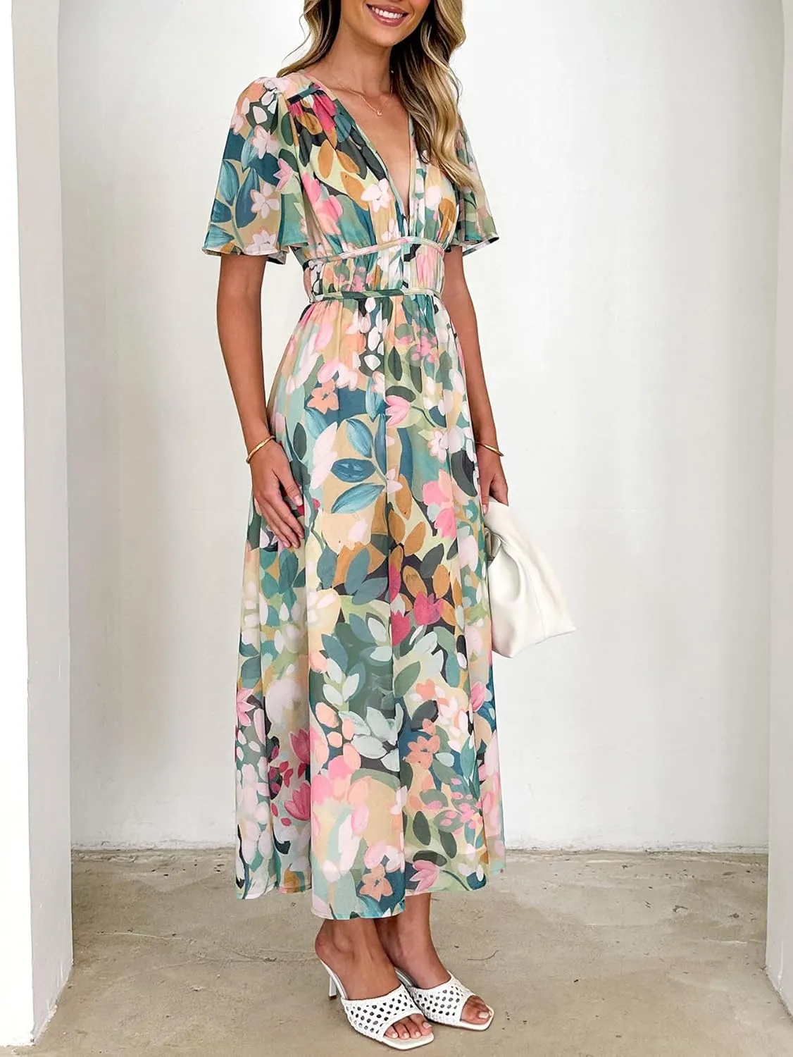 Womens V Neck Flutter Sleeve Boho Midi Dress Summer Wedding Guest Beach Party Long Dresses