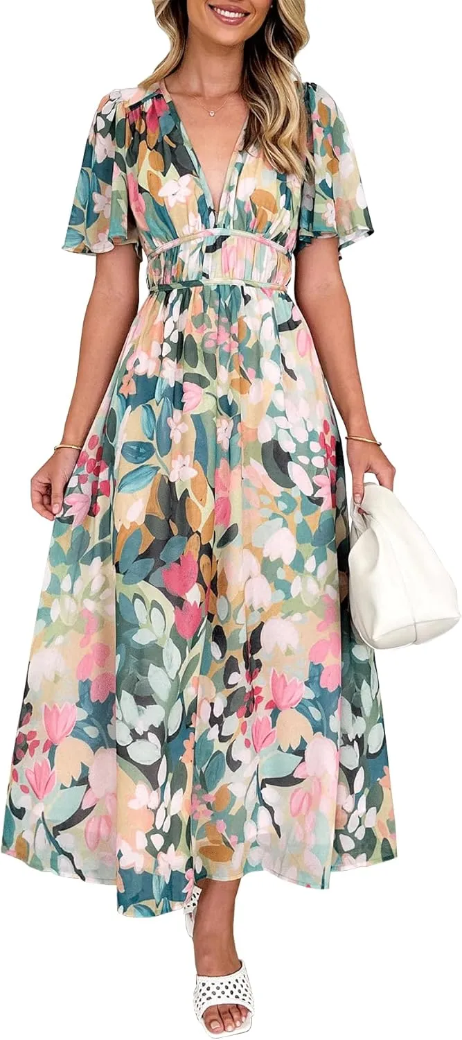 Womens V Neck Flutter Sleeve Boho Midi Dress Summer Wedding Guest Beach Party Long Dresses