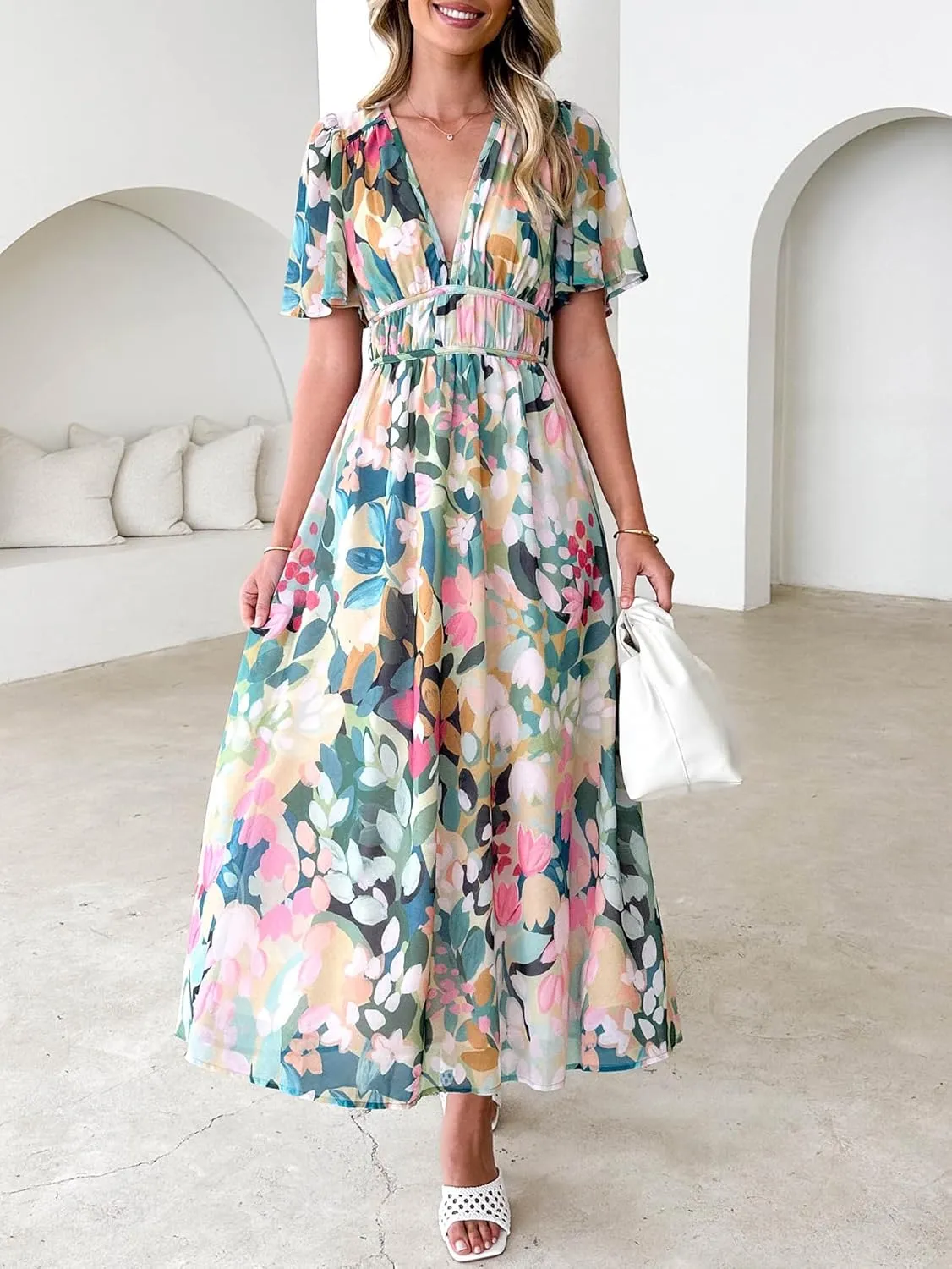 Womens V Neck Flutter Sleeve Boho Midi Dress Summer Wedding Guest Beach Party Long Dresses