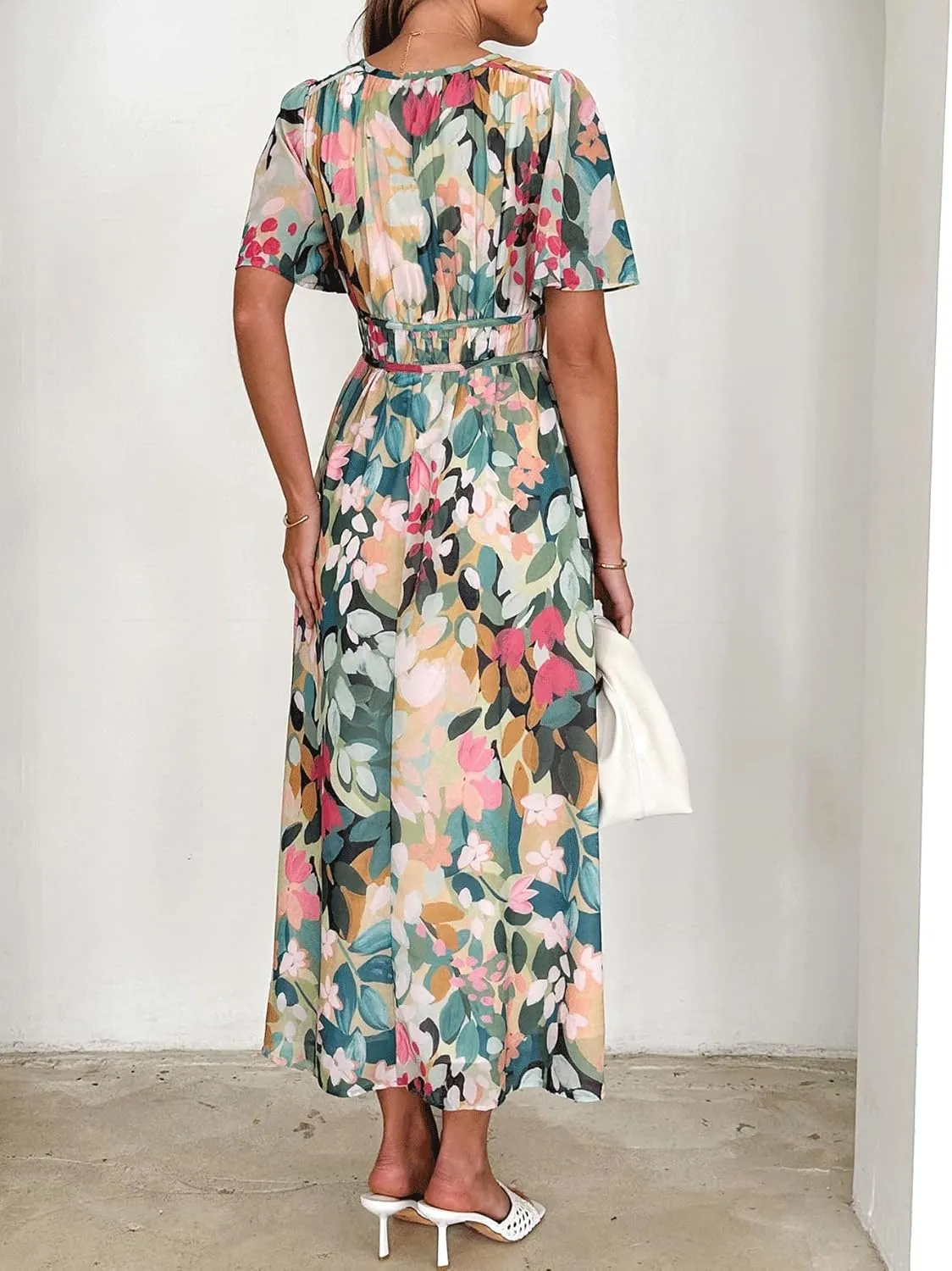 Womens V Neck Flutter Sleeve Boho Midi Dress Summer Wedding Guest Beach Party Long Dresses