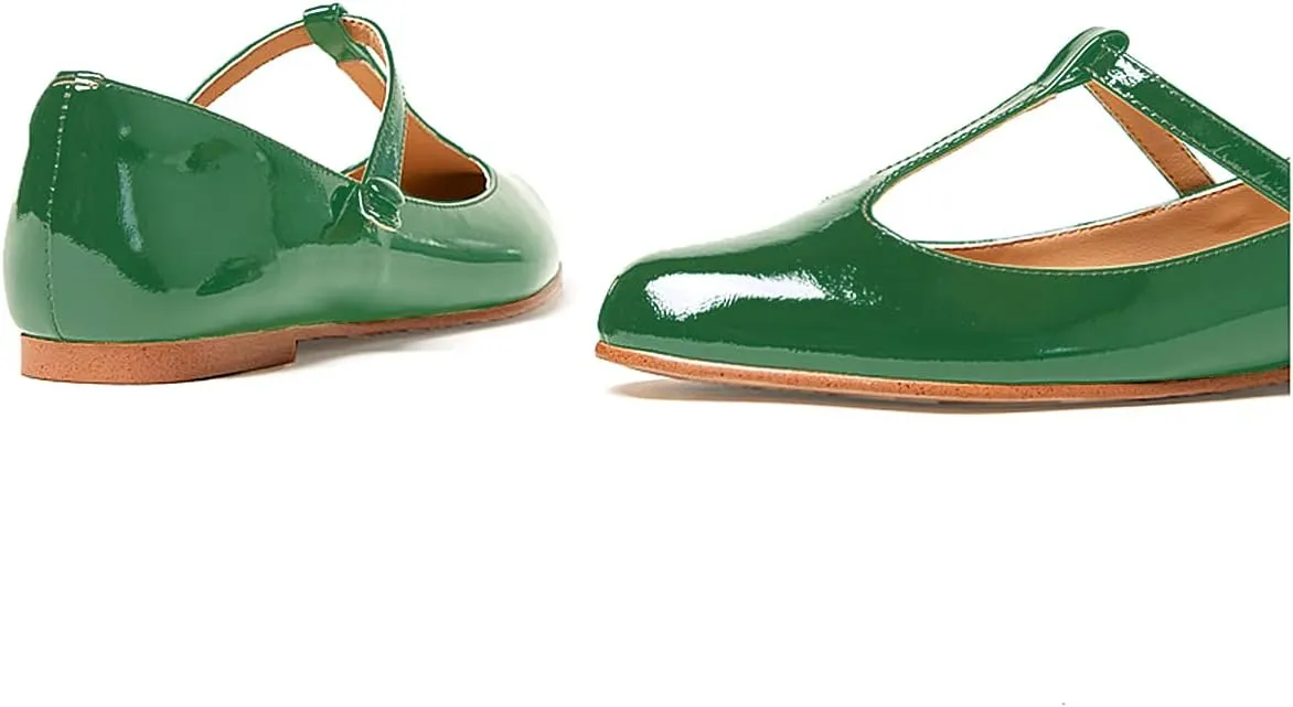 Women's Vintage Patent Leather Round Toe Cutout T-Strap Dress Flats Shoes Comfortable Causal Closed Toe Slip On Mary Jane Flats Pumps
