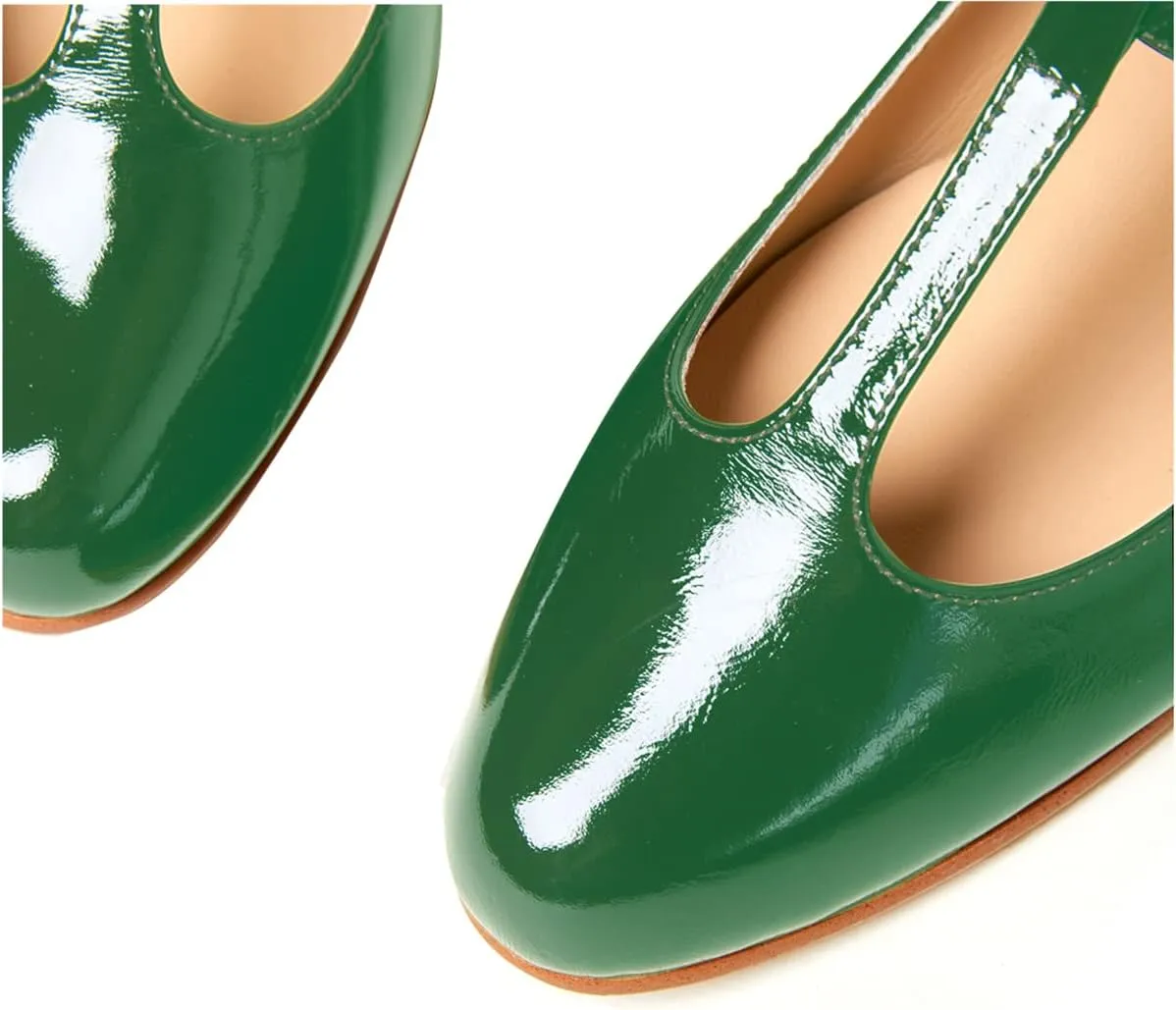 Women's Vintage Patent Leather Round Toe Cutout T-Strap Dress Flats Shoes Comfortable Causal Closed Toe Slip On Mary Jane Flats Pumps