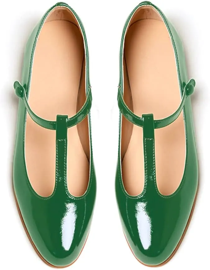 Women's Vintage Patent Leather Round Toe Cutout T-Strap Dress Flats Shoes Comfortable Causal Closed Toe Slip On Mary Jane Flats Pumps