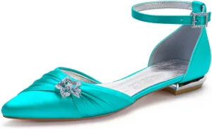 Women's Wedding Shoes for Bride Flats Pointed Toe Pumps Rhinestones Satin Ankle Strap Bridal Shoes