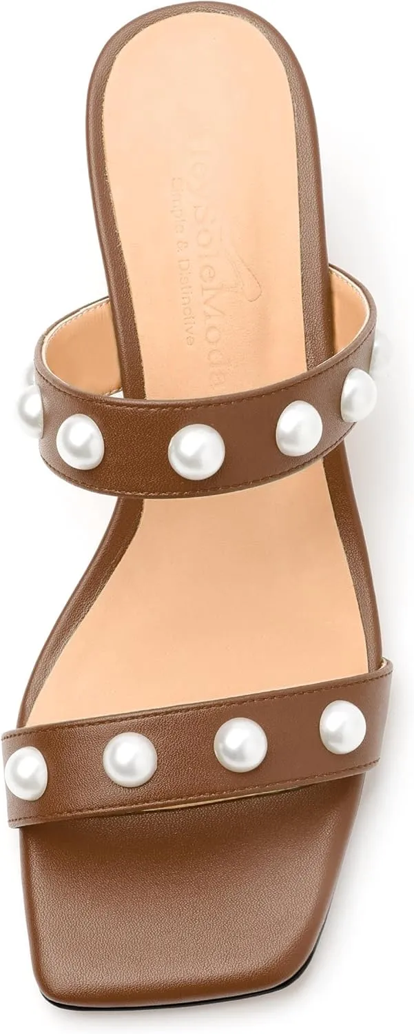Womens Wedge Mid Heel Sandals, Open Toe Double Strap Leather Insole Sandals for Women, Slip-on Sandals with Pearls 2"