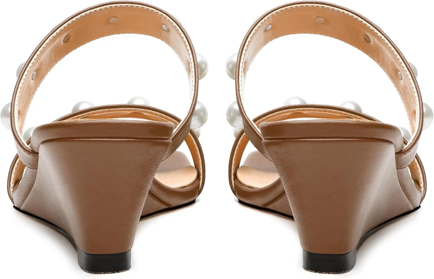 Womens Wedge Mid Heel Sandals, Open Toe Double Strap Leather Insole Sandals for Women, Slip-on Sandals with Pearls 2"