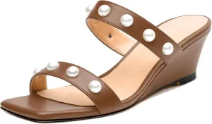 Womens Wedge Mid Heel Sandals, Open Toe Double Strap Leather Insole Sandals for Women, Slip-on Sandals with Pearls 2"