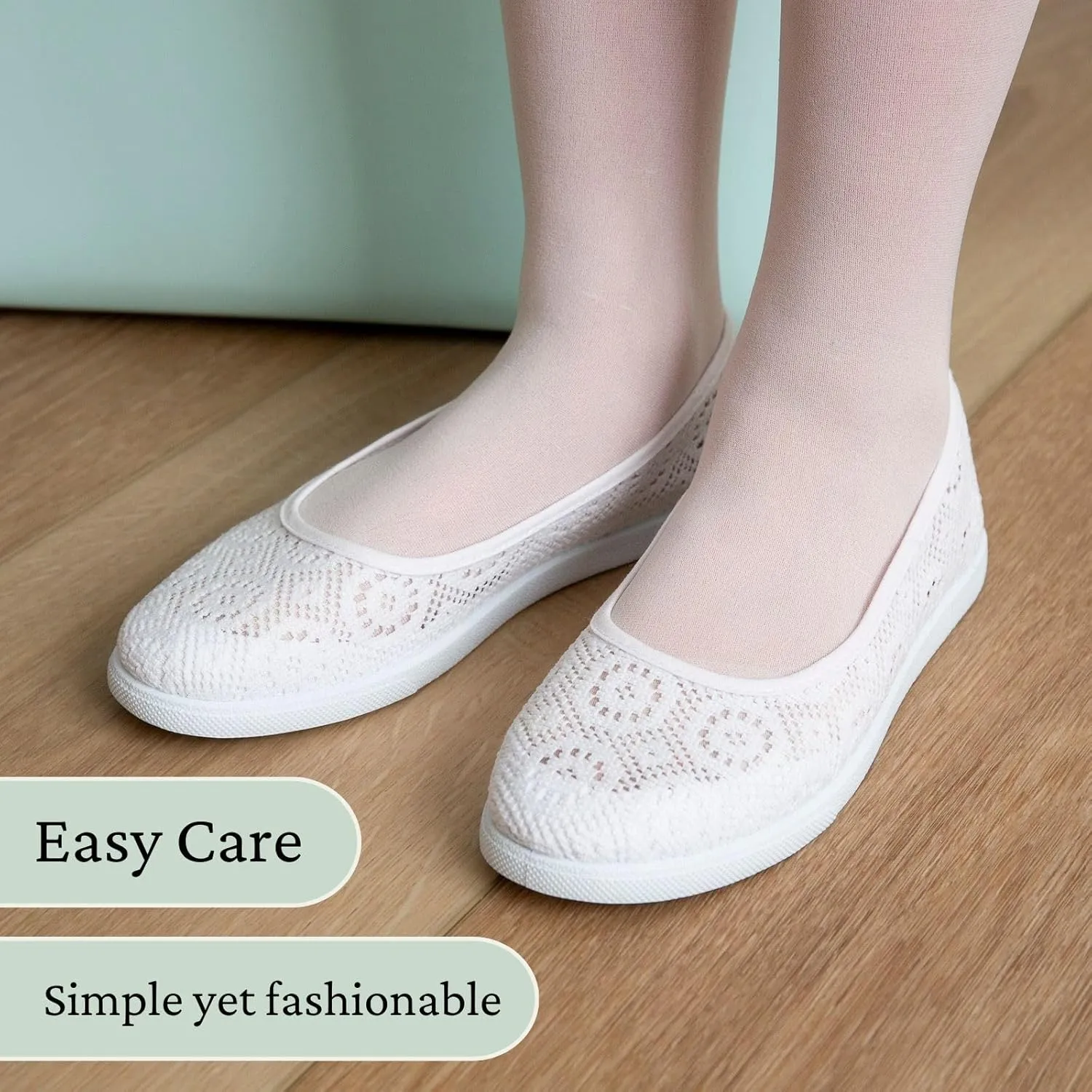 Women’s White Temple Shoes – Comfortable Slip-On Flats with Crochet Lace – Lightweight, Non-Slip Temple Footwear