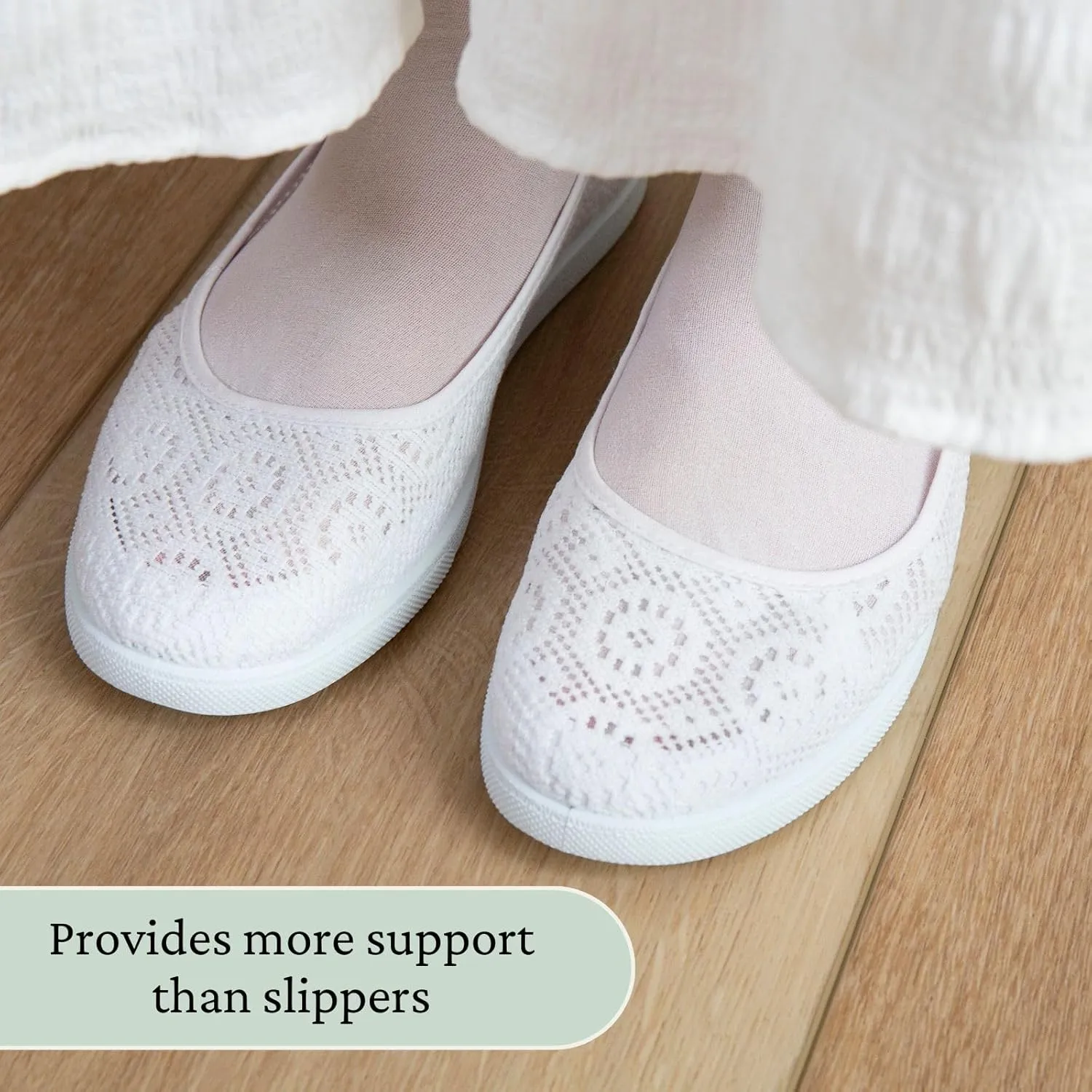 Women’s White Temple Shoes – Comfortable Slip-On Flats with Crochet Lace – Lightweight, Non-Slip Temple Footwear